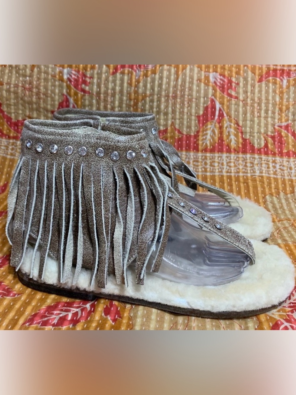 Ausiie Flips Leather Shearling Fringes Handcrafted Crystal Thong Sandal Size 7